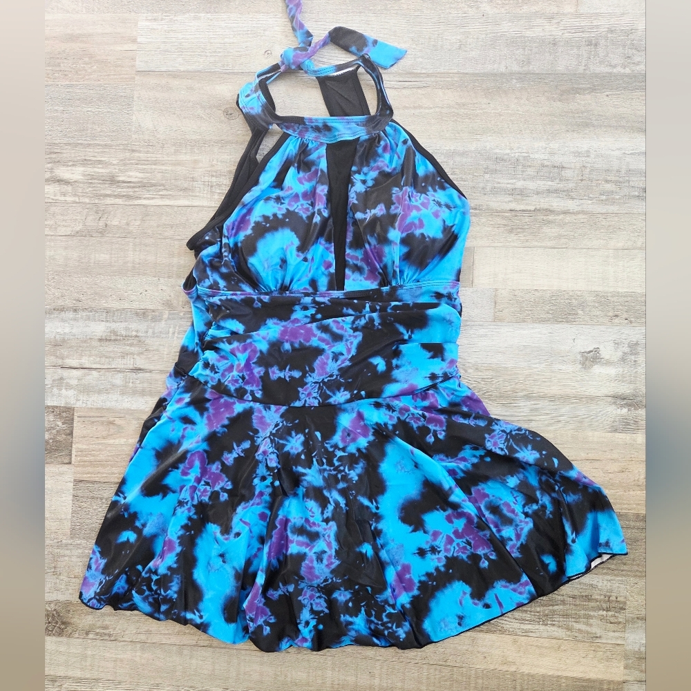 Blue and Black Halter Swim Dress - Tie Dye